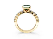 Shared-Prong Engagement Ring Setting for Fancy Green Asscher Cut Center with Graduated Accents and Prong Head in Yellow Gold