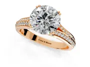 Solitaire Engagement Ring Setting for Round Cut Center with Pave Rail Split Shank and Prong Head in Rose Gold