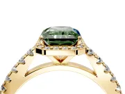 Halo Engagement Ring Setting for Fancy Green Radiant Cut Center with Full Pave Band and Prong Head in Yellow Gold