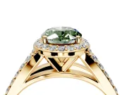 Halo Engagement Ring Setting for Fancy Green Oval Center with Narrow Pave Split Shank and Prong Head in Yellow Gold