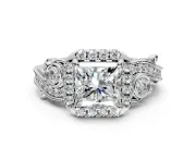 Bypass Halo Engagement Ring Setting for Princess Cut Center with Bezel Accents, Milgrain and Prong Head in White Gold