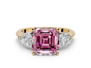 3 Stone Engagement Ring Setting for Fancy Pink Asscher Cut Center with Large Pear-Shaped Accents and Prong Head in Yellow Gold