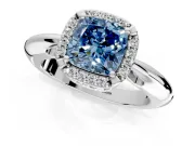 Halo Engagement Ring Setting for Fancy Blue Cushion Cut Center with Tapered Plain Band and Prong Head in Platinum