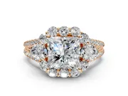 Halo Engagement Ring Setting for Princess Cut Center with Two-Strand Split Shank and Prong Head in Rose Gold