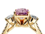 3 Stone Engagement Ring Setting for Fancy Pink Radiant Cut Center with Crossover Basket, Pave Band and Prong Head in Yellow Gold