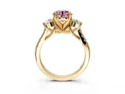 3 Stone Engagement Ring Setting for Fancy Pink Round Cut Center with Crossover Basket, Pave Band and Prong Head in Yellow Gold
