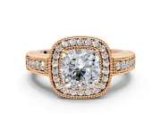 Milgrain Halo Engagement Ring Setting for Cushion Cut Center with Pave Band and Prong Head in Rose Gold