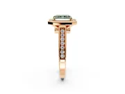 Halo Engagement Ring Setting for Fancy Green Radiant Cut Center with Outer Bezel Rim, Pave Band and Prong Head in Rose Gold