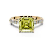 Baguette Engagement Ring Setting for Fancy Yellow Asscher Cut Center with Alternating Bar-Set Band and Prong Head in Yellow Gold