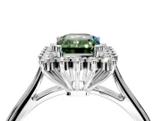 Starburst Halo Engagement Ring Setting for Fancy Green Emerald Cut Center with Thin Round-Wire Band and Prong Head in Sterling Silver