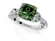 Leaf Motif Engagement Ring Setting for Fancy Green Cushion Cut Center with Pave Band and Prong Head in Platinum