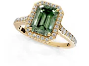 Halo Engagement Ring Setting for Fancy Green Emerald Cut Center with Pave Accents, Heart Basket and Prong Head in Yellow Gold