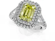Double Halo Engagement Ring Setting for Fancy Yellow Emerald Cut Center with Narrow Pave Split Shank and Prong Head in Platinum