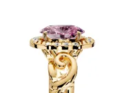 Halo Engagement Ring Setting for Fancy Pink Oval Center with Open Scroll Shoulders and Prong Head in Yellow Gold