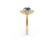 Small-Accent Cluster Halo Engagement Ring Setting for Fancy Blue Round Cut Center with Plain Band and Prong Head in Yellow Gold