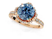 Halo Engagement Ring Setting for Fancy Blue Round Cut Center with Openwork Halo, Pave Band and Prong Head in Rose Gold