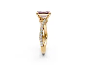 Solitaire Engagement Ring Setting for Fancy Pink Emerald Cut Center with Half-Pave Crossover Band and Prong Head in Yellow Gold