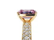 Solitaire Engagement Ring Setting for Fancy Pink Emerald Cut Center with Domed Multi-Row Pave Band and Prong Head in Yellow Gold