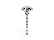 Halo Engagement Ring Setting for Fancy Yellow Round Cut Center with Milgrain Frame, Pave Band and Prong Head in White Gold