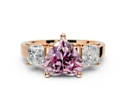 3 Stone Engagement Ring Setting for Fancy Pink Heart-Shaped Center with Matching Side Accents and Prong Head in Rose Gold