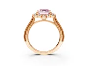 Milgrain Halo Engagement Ring Setting for Fancy Pink Asscher Cut Center with Bezel Point Accents and Prong Head in Rose Gold