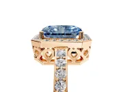 Halo Engagement Ring Setting for Fancy Blue Radiant Cut Center with Heart-Shaped Openwork, Pave Band and Prong Head in Rose Gold
