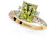 Paired Accent Engagement Ring Setting for Fancy Yellow Radiant Cut Center with Pave Band and Prong Head in Yellow Gold