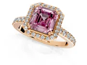 Halo Engagement Ring Setting for Fancy Pink Asscher Cut Center with Inner Milgrain Border and Prong Head in Rose Gold