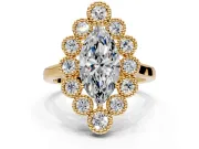Cluster Halo Engagement Ring Setting for Marquise Center with Milgrain Bezel Accents and Prong Head in Yellow Gold