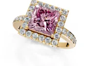 Halo Engagement Ring Setting for Fancy Pink Princess Cut Center with Heart-Shaped Openwork, Pave Band and Prong Head in Yellow Gold