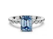 Solitaire Engagement Ring Setting for Fancy Blue Emerald Cut Center with Bezel-Dot Beaded Band and Prong Head in Platinum