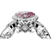 Milgrain Halo Engagement Ring Setting for Fancy Pink Heart-Shaped Center with Shoulder Bezels and Prong Head in Sterling Silver
