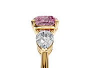 3 Stone Engagement Ring Setting for Fancy Pink Cushion Cut Center with Large Pear-Shaped Accents and Prong Head in Yellow Gold