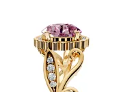 Halo Engagement Ring Setting for Fancy Pink Round Cut Center with Leaf Motif Split Shank and Prong Head in Yellow Gold