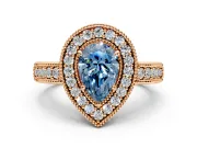 Milgrain Halo Engagement Ring Setting for Fancy Blue Pear-Shaped Center with Pave Band and Prong Head in Rose Gold