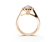 Halo Engagement Ring Setting for Pear-Shaped Center with Outer Bezel Rim, Pave Band and Prong Head in Rose Gold