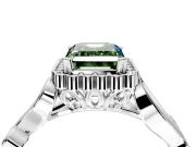 Halo Engagement Ring Setting for Fancy Green Emerald Cut Center with Leaf Motif Split Shank and Prong Head in Platinum