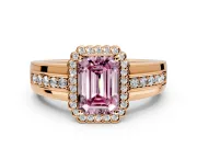 Halo Engagement Ring Setting for Fancy Pink Emerald Cut Center with Wide Band, Inlaid Accent Row and Prong Head in Rose Gold