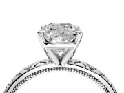 Solitaire Engagement Ring Setting for Cushion Cut Center with XO Engraved Band and Prong Head in Platinum