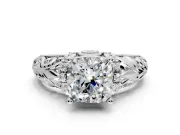 Solitaire Engagement Ring Setting for Cushion Cut Center with Filigree Accent Basket and Prong Head in Platinum