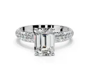 Solitaire Engagement Ring Setting for Emerald Cut Center with Domed Multi-Row Pave Band and Prong Head in Platinum