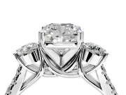 3 Stone Engagement Ring Setting for Cushion Cut Center with Crossover Basket, Pave Band and Prong Head in White Gold