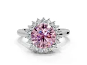 Starburst Halo Engagement Ring Setting for Fancy Pink Round Cut Center with Thin Round-Wire Band and Prong Head in Sterling Silver