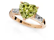 3 Stone Engagement Ring Setting for Fancy Yellow Heart-Shaped Center with Tapered Baguettes, Plain Band and Prong Head in Rose Gold