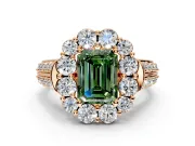 Large Accent Halo Engagement Ring Setting for Fancy Green Emerald Cut Center with Pave Split Shank and Prong Head in Rose Gold