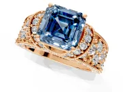 Pave Engagement Ring Setting for Fancy Blue Asscher Cut Center with Curved Accent Rows, Openwork and Prong Head in Rose Gold