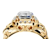 Halo Engagement Ring Setting for Radiant Cut Center with Open Scroll Shoulders and Prong Head in Yellow Gold