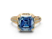 Solitaire Engagement Ring Setting for Fancy Blue Asscher Cut Center with Accented Split Shank and Prong Head in Yellow Gold