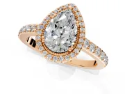 Halo Engagement Ring Setting for Pear-Shaped Center with Inner Milgrain Border and Prong Head in Rose Gold