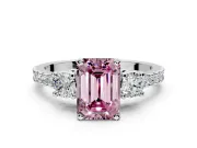 3 Stone Engagement Ring Setting for Fancy Pink Emerald Cut Center with Round Cut Side Accents and Prong Head in Sterling Silver